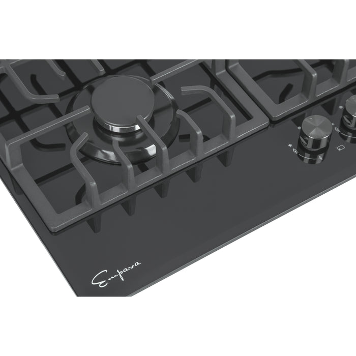 Empava Gas Cooktop 36" in Black Tempered Glass with 5 Sealed Burners and Continuous Cast-Iron Grates