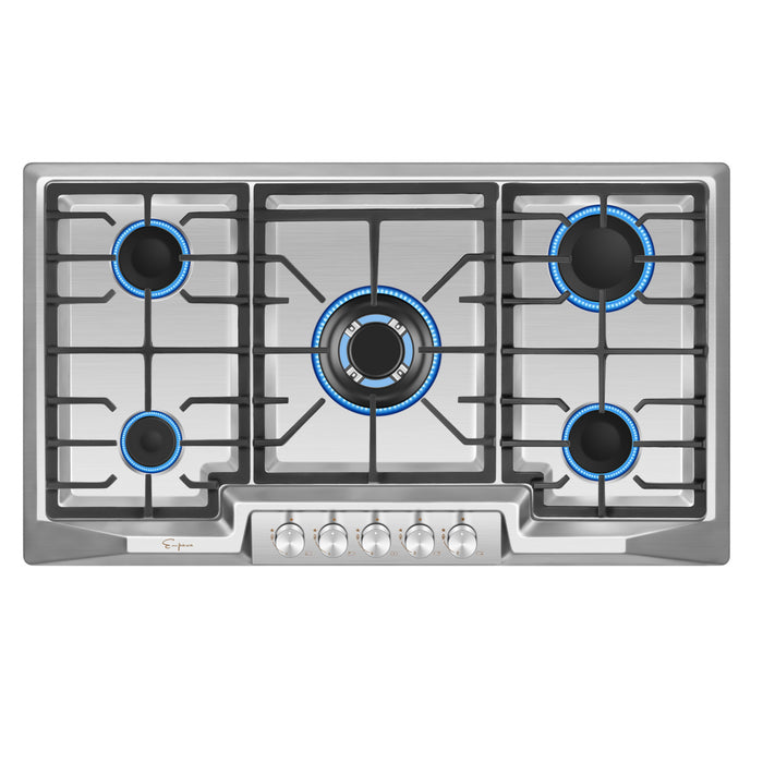 Empava Gas Cooktop 36" in Stainless Steel with 5 Sealed Burners and Continuous Cast-Iron Grates