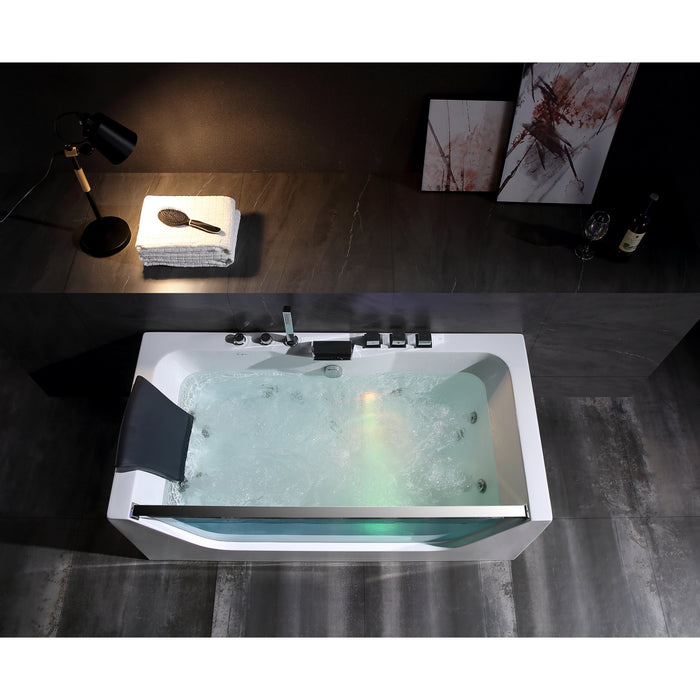 Empava Alcove 59" Rectangular Soaking Bathtub with Whirlpool Hydromassage, Tempered Glass Front Panel and Lighting