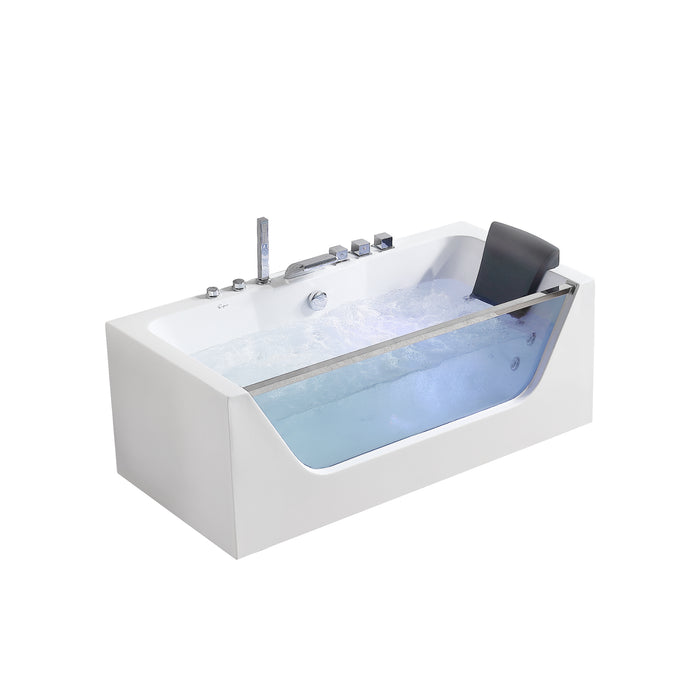 Empava Alcove 67" Rectangular Soaking Bathtub with Whirlpool Hydromassage, Tempered Glass Front Panel and Lighting