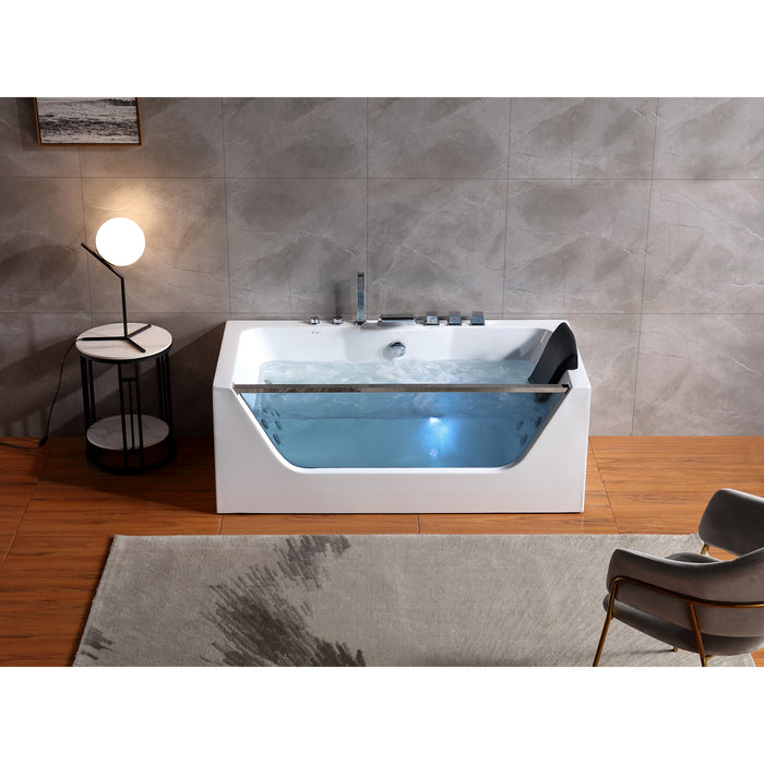 Empava Alcove 67" Rectangular Soaking Bathtub with Whirlpool Hydromassage, Tempered Glass Front Panel and Lighting