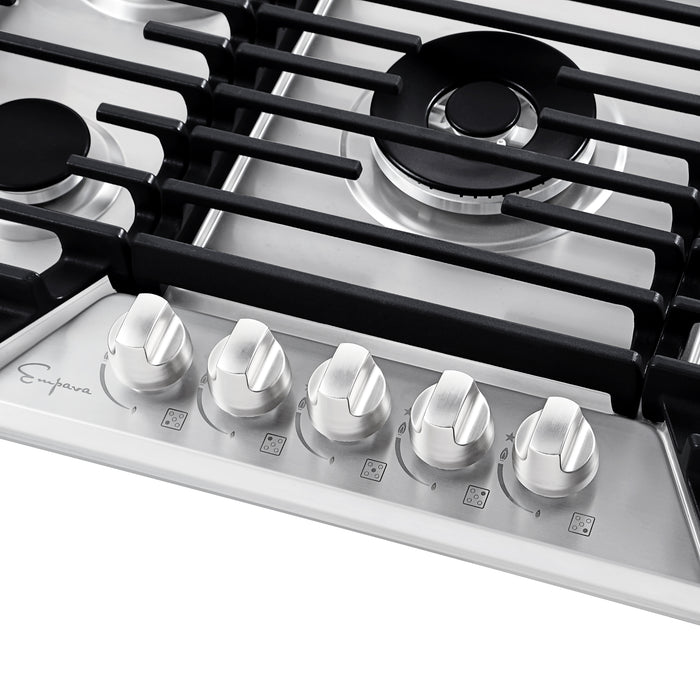 Empava Gas Cooktop 30" in Stainless Steel with 5 Sealed Burners and Continuous Cast-Iron Grates
