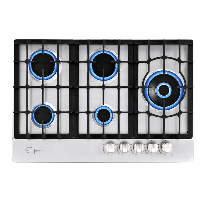 Empava Gas Cooktop 30" in Stainless Steel with 5 Sealed Burners and Continuous Cast-Iron Grates