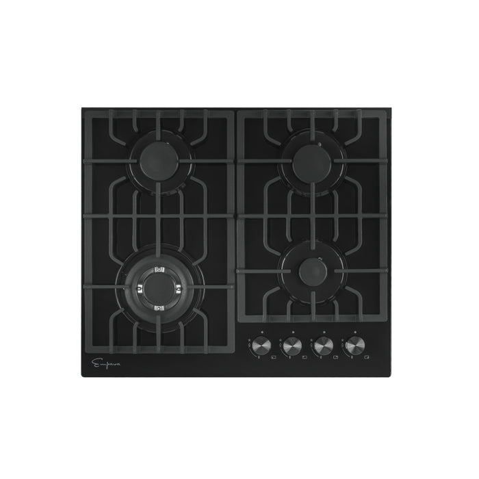 Empava Gas Cooktop 24" in Black Tempered Glass with 4 Sealed Burners and Continuous Cast-Iron Grates