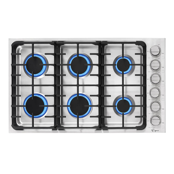 Empava Gas Cooktop 36" in Stainless Steel with 6 Sealed Burners and Continuous Cast-Iron Grates
